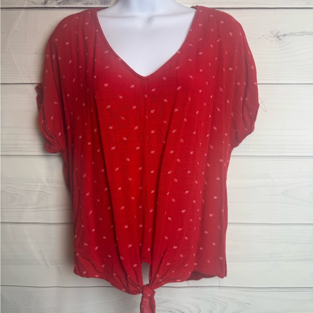 Universal Thread Red & White Printed Tie Front Top
